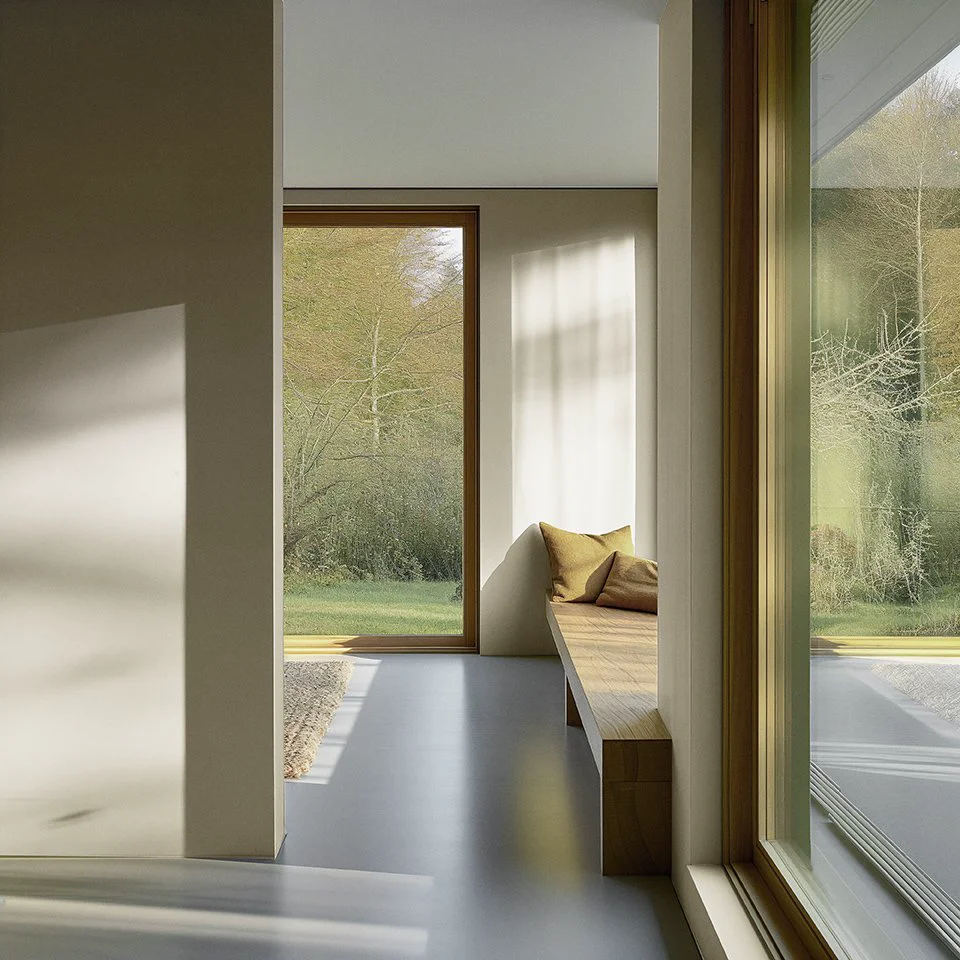 Flügger Moss interior with olive walls, large windows and a built-in wooden bench