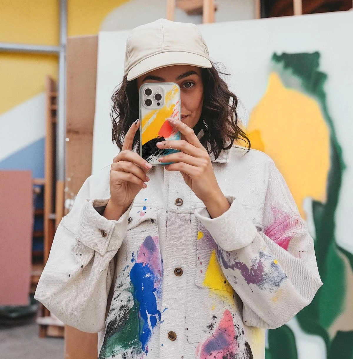 ZAGG campaign character in paint-covered clothing holding a colourful phone case