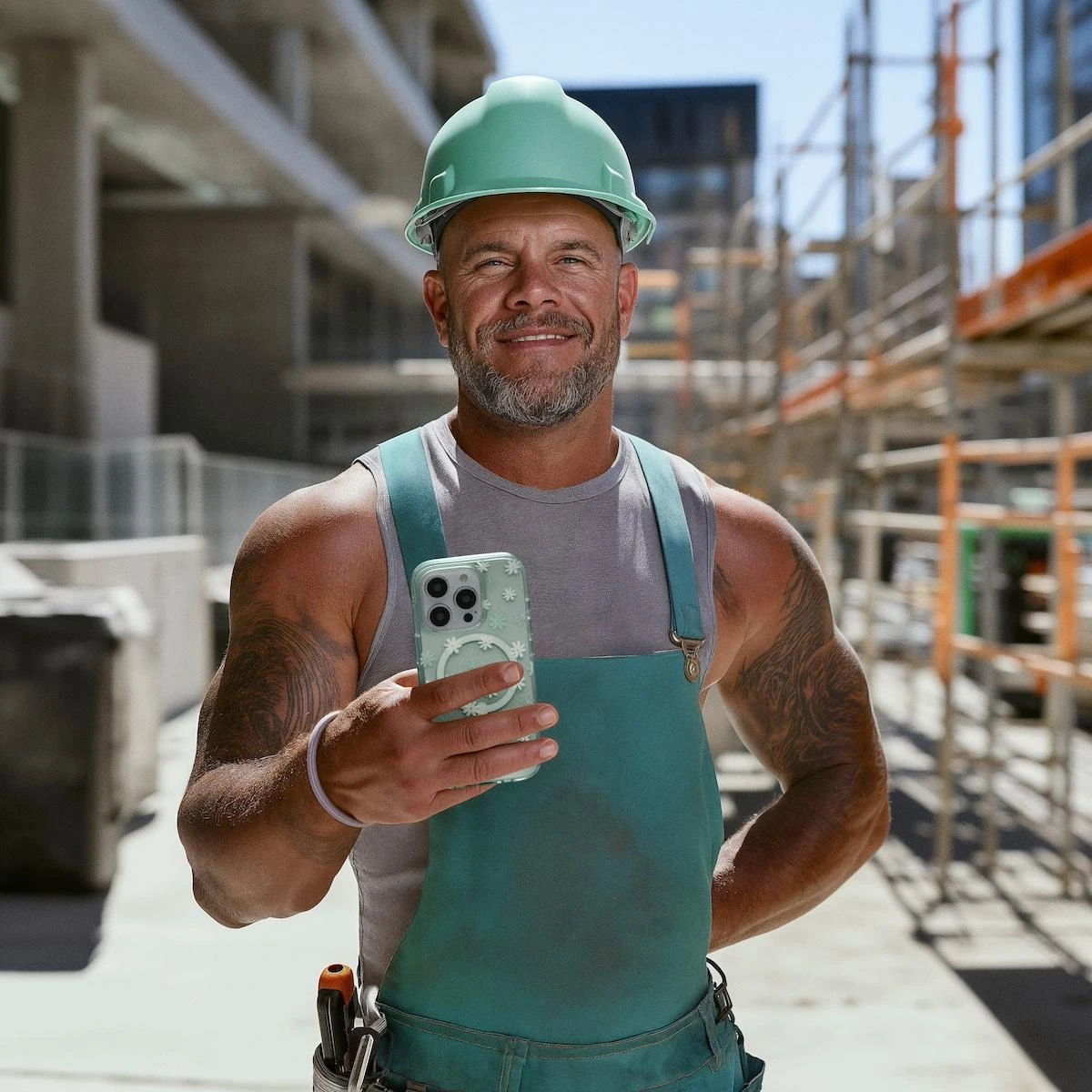 ZAGG campaign character at a construction site holding a mint-green phone case