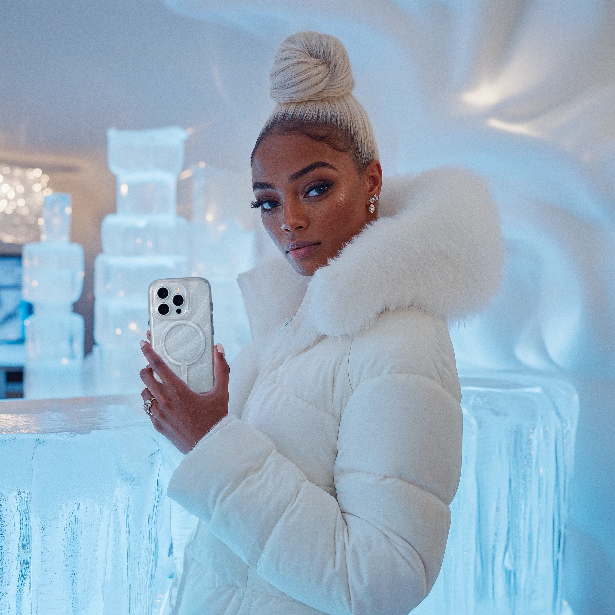 ZAGG campaign character in white clothing holding a glitter phone case in an ice-themed setting