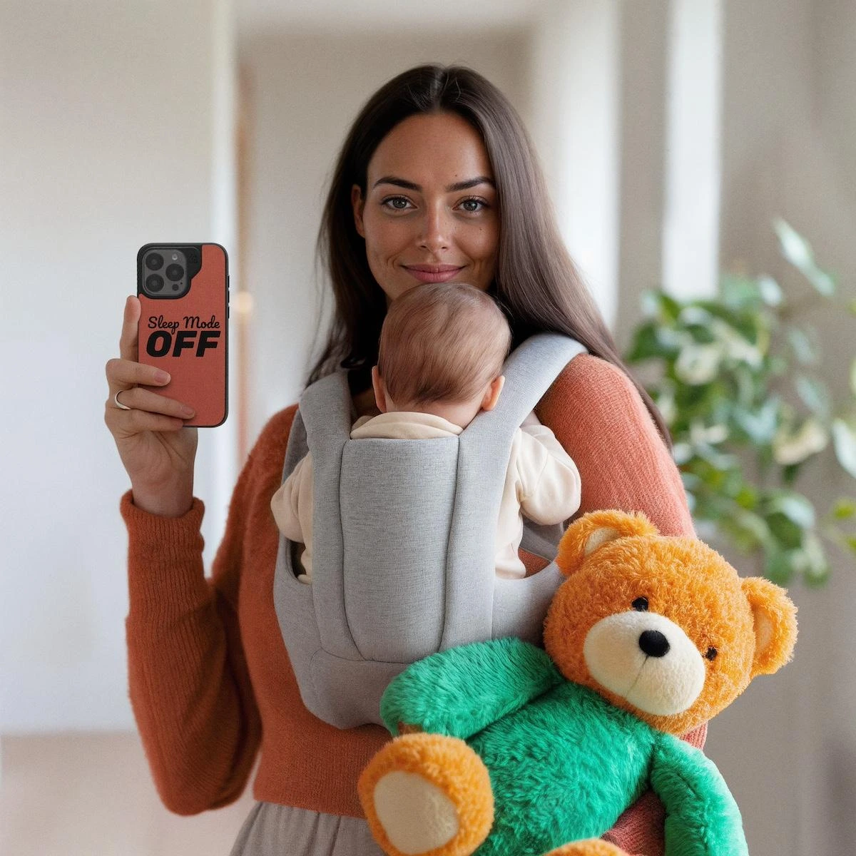 ZAGG campaign character holding a Sleep Mode Off phone case with a baby in a carrier